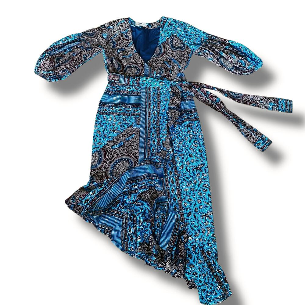 New OHEMA OHENE Naomi Bandana Puff Sleeve Wrap Dress Sz M Blue Multi Cotton